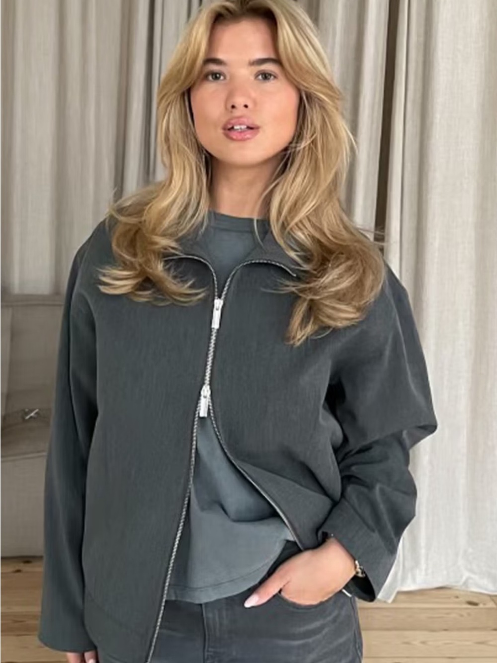 Djerf Avenue Dark Gray Zip-Front Bomber Jacket